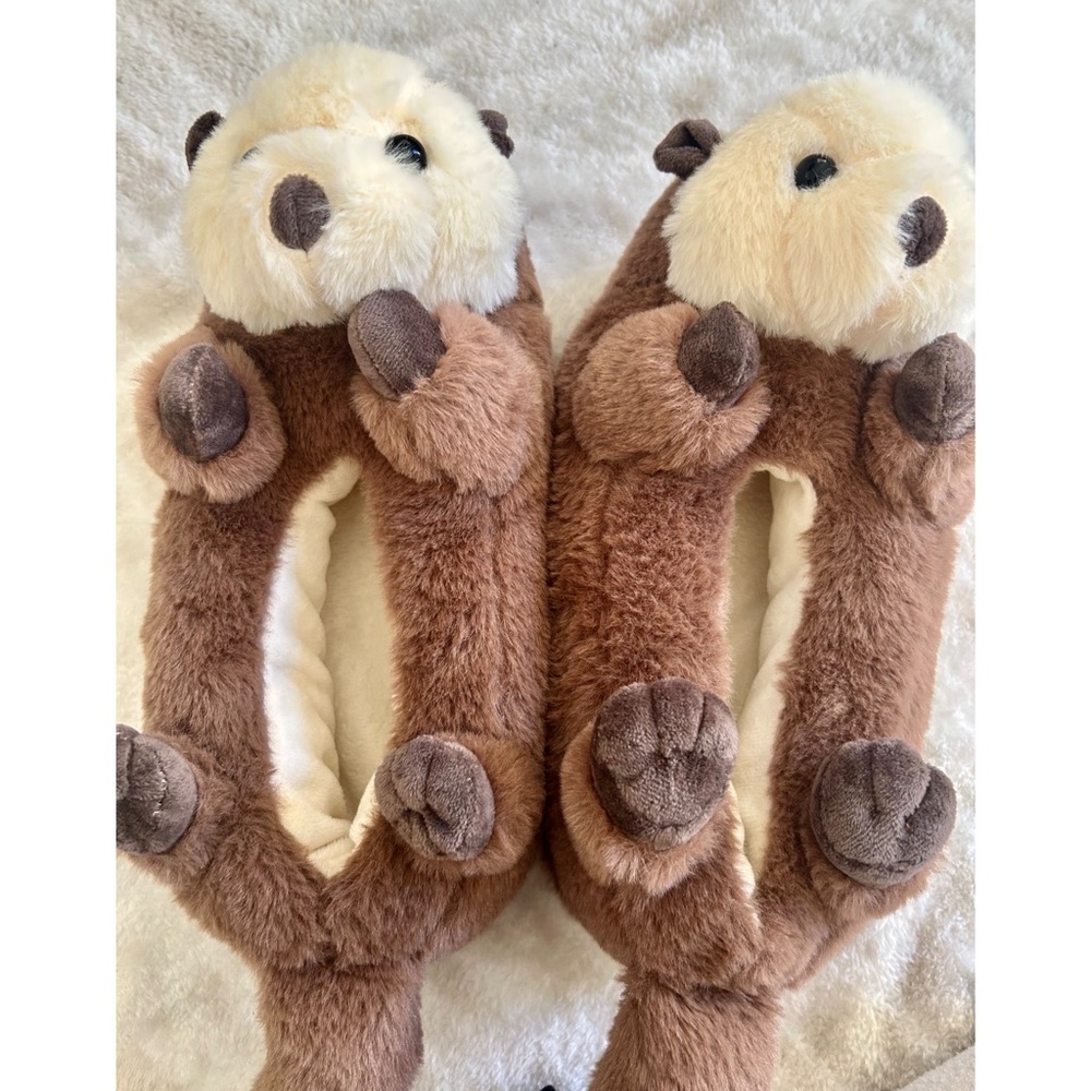 Brown and Cream Plush Otter Slippers for Women